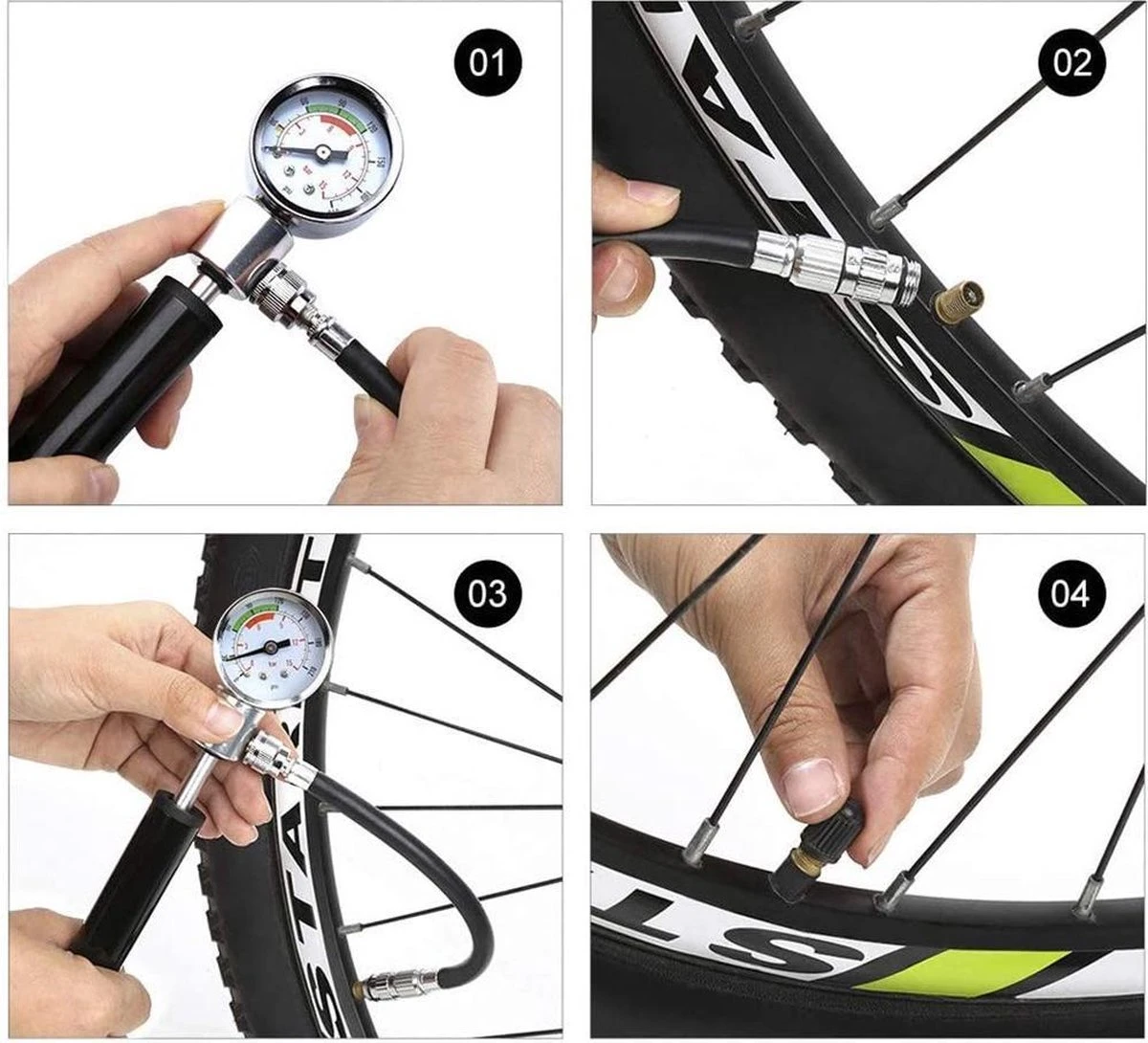 LHP Fietspomp Mini - Analoog Drukmeter - Inclusief Naaldventiel En Fietsbandreparatieset 10 LHP Fietspomp Mini - Analoog Drukmeter - Inclusief Naaldventiel En Fietsbandreparatieset - Afbeelding 8