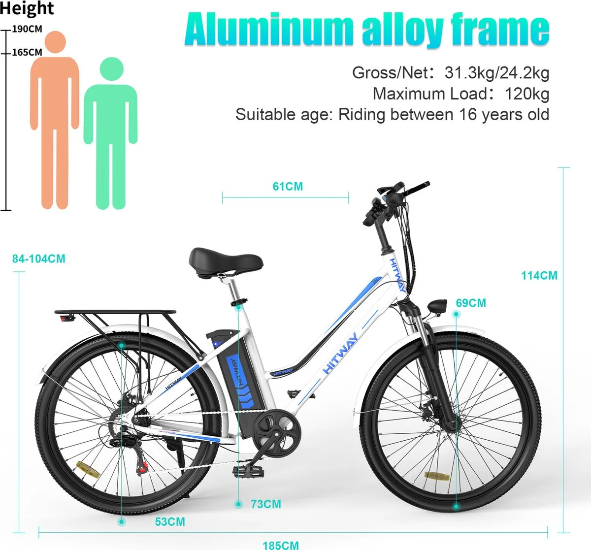 Hitway Elektrische Fiets | E-bike Damesfiets | 26 Inch | 250W Motor | Wit 4 Hitway Elektrische Fiets | E-bike Damesfiets | 26 Inch | 250W Motor | Wit - Afbeelding 2