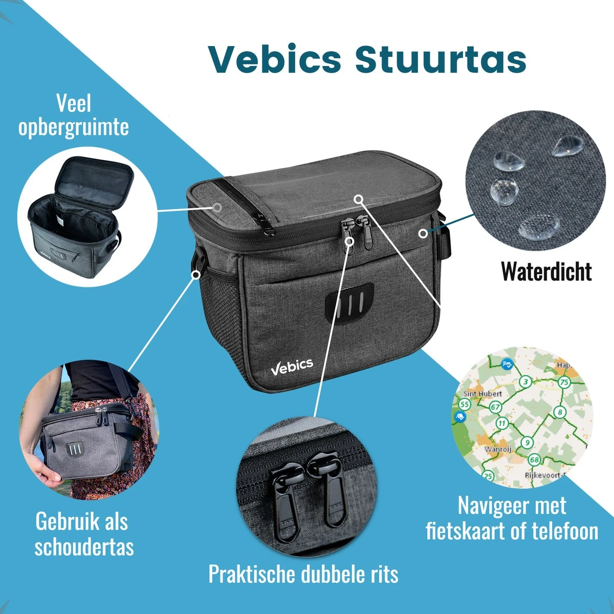 Vebics® Stuurtas Fiets Waterbestendig - Afneembaar - Racefiets - E-bike - Elektrische Fiets 4 Vebics® Stuurtas Fiets Waterbestendig - Afneembaar - Racefiets - E-bike - Elektrische Fiets - Afbeelding 2